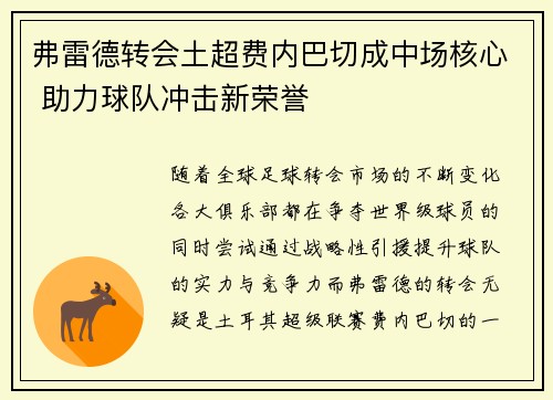 弗雷德转会土超费内巴切成中场核心 助力球队冲击新荣誉