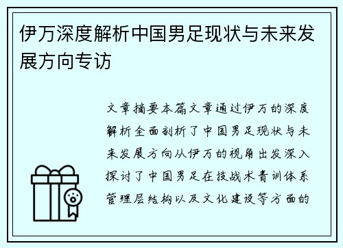 伊万深度解析中国男足现状与未来发展方向专访