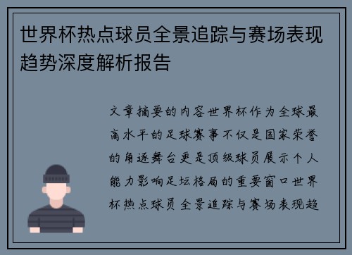 世界杯热点球员全景追踪与赛场表现趋势深度解析报告